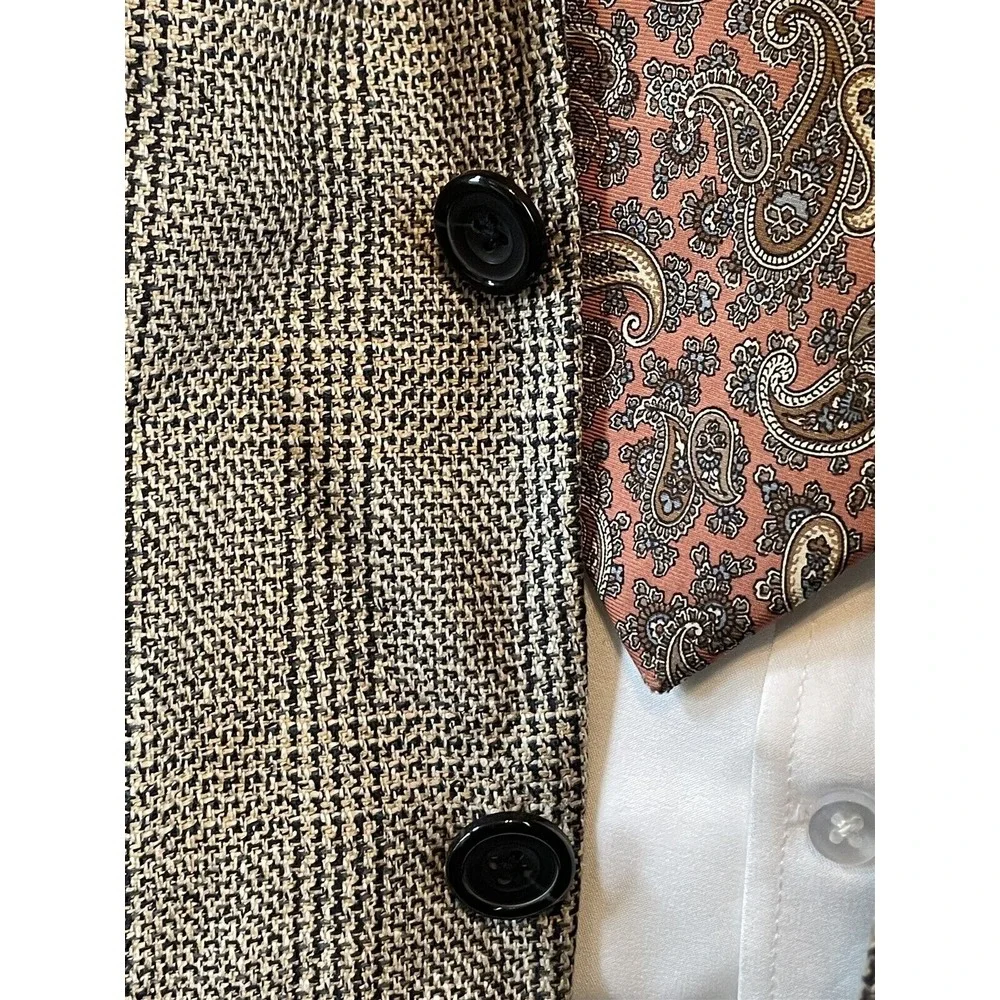 VTG Oscar De La Renta 44R Silk & Wool Tweed Black White Check 2Btn Blazer Jacket